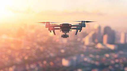 Aerial innovation: drone in flight over cityscape at sunset