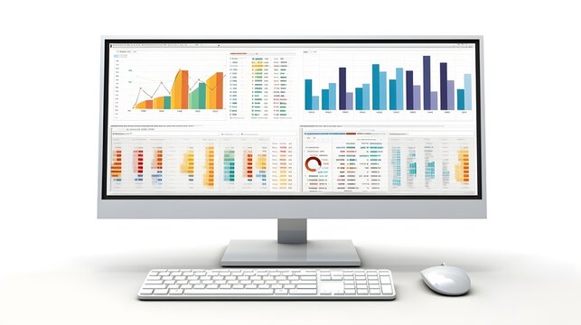 computer monitor displaying elements related to a Master in Administration, Finance, and Management Control. Include visuals such as financial graphs, charts, currency symbols, and management document