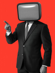 Retro man with television head on red background. Vintage man with television head. Retro collage featuring a man in a suit with a retro TV for a head. Retro collage for presentation. Pointing Left.