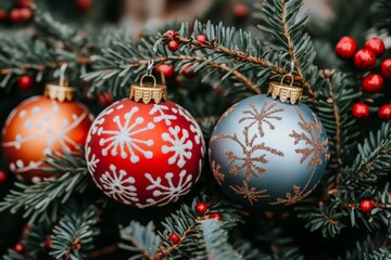 Fototapeta premium Red and white Christmas ornaments with snowflake patterns nestled among evergreen branches capturing a festive cozy holiday scene with a warm wintery atmosphere