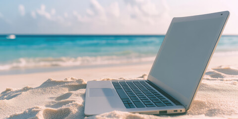 Laptop lies on the sand of a sunny tropical beach, copy space. Creative concept of remote work, freelancing