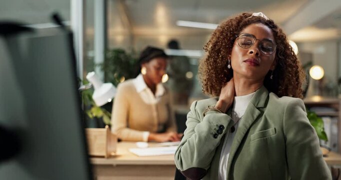Frustrated woman, night and computer with neck pain for stress, injury or overworked at office. Tired, female person or employee working late with ache or fatigue for pressure, deadline or strain