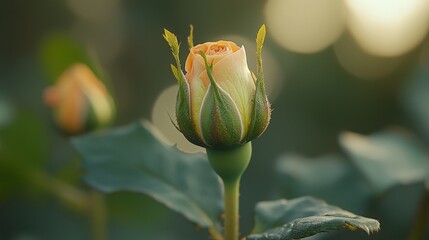 Beautiful rosebud blooming in a garden at sunset with soft glowing background