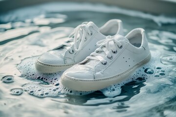 Closeup of white sneakers being washed in water with foam  dirty or clean footwear shot