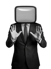 Retro man with television head on red background. Vintage man with television head. Retro collage featuring a man in a suit with a retro TV for a head. Retro collage for presentation. Hands up.