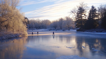 A serene early morning scene of skaters gliding across a frozen pond surrounded by trees.A serene early morning scene of skaters gliding across a frozen pond surrounded by trees.