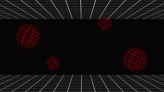 Red gridded spheres on a dark background. Abstract 3D design suitable for technology, science, digital concepts, and futuristic themes.