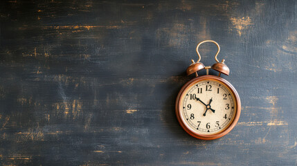 Vintage alarm clock showing time on textured dark wall background