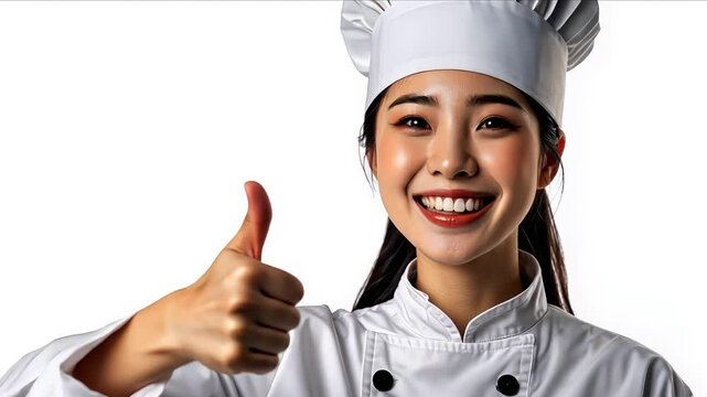 Young chef in white uniform smiles and gives a thumbs up while promoting culinary skills and passion for cooking