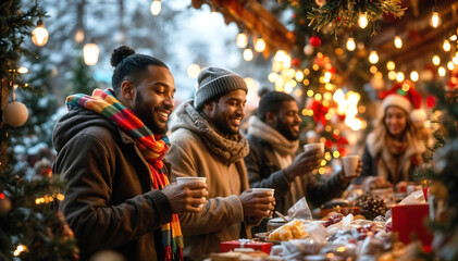 Obraz premium Friends enjoying outdoor Christmas gathering with warm drinks and festive treats, surrounded by twinkling lights and holiday decorations in cozy winter attire.