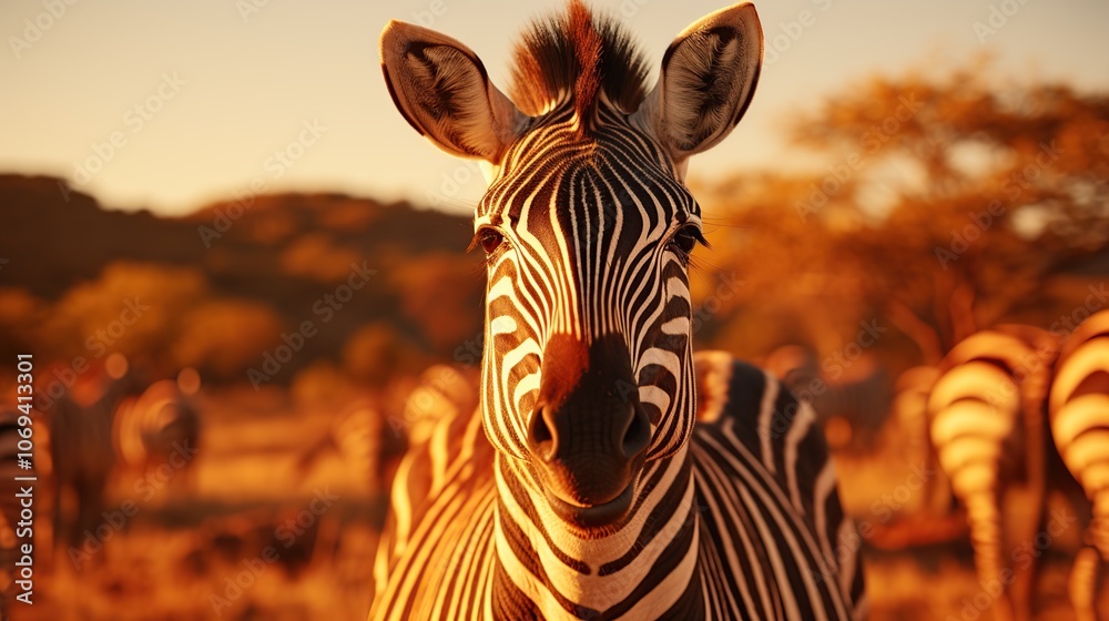 Wall mural A zebra stares directly at the camera, with a herd of zebras in the background. The image is taken at sunset, with the sun casting a warm glow on the scene.