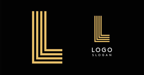 Geometric golden letter L with concentric lines on black background. Sleek sophisticated logo design. Luxury, modernity, elegance logotype for premium branding, corporate identity.Vector illustration.