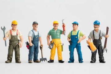 Five comical worker figurines with tools on a white backdrop, engaged in lighthearted tasks