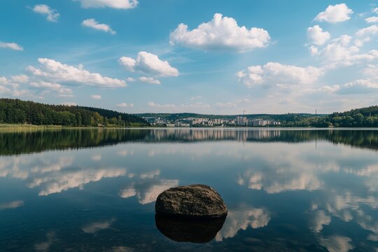 Scenic view of black mal mor vka lake in ostrava with city and forest under a clear sky