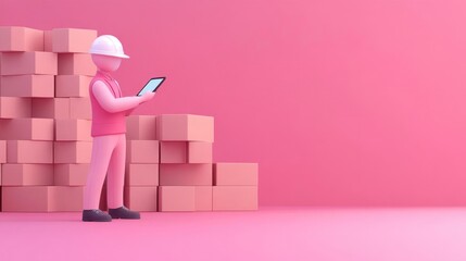 Construction worker with helmet using tablet, pink background, boxes stacked.