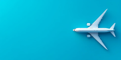 commercial airplane flying in clear blue sky, showcasing its sleek design and modern features. vibrant background enhances aircraft elegance and presence