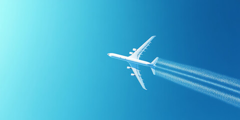 Obraz premium commercial airplane flying high in clear blue sky, leaving vapor trail behind. scene evokes sense of freedom and adventure