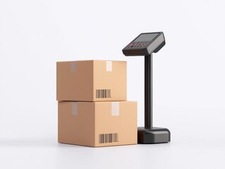 Boxes with barcode and digital scale on white isolated background.