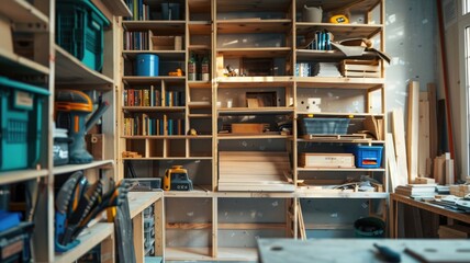 Obraz premium Organized woodworking workshop with tools and shelves in sunlit garage