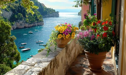 Italian charm: colorful street adorned with vibrant flowers, leading to stunning sea view, capturing picturesque beauty of Italy's coastal towns, nature and architecture in perfect harmony.