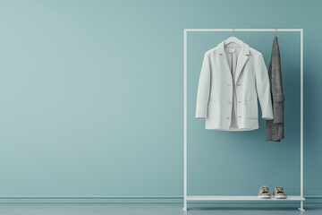 Minimalist fashion display featuring white blazer and gray pants on rack against light blue wall, creating stylish and modern atmosphere