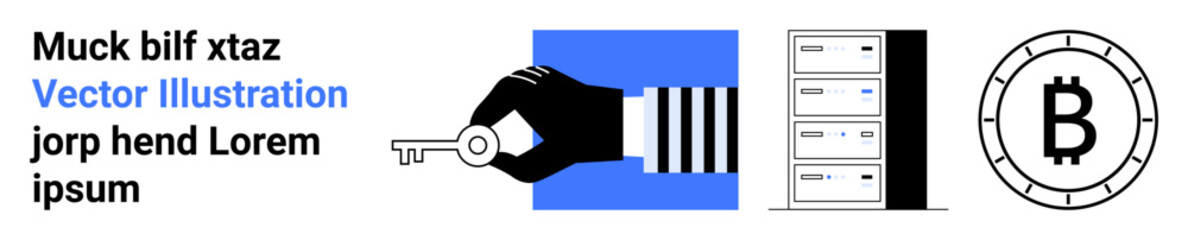 Hand holds key, server rack, cryptocurrency symbol. Ideal for security, cryptocurrency, blockchain, technology, digital transactions, data storage, online security Landing page