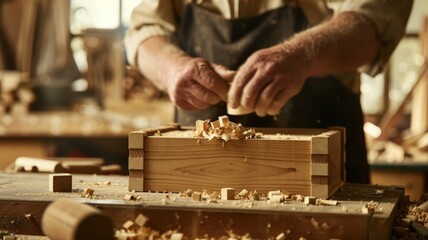 Master carpenter crafting wooden box in workshop with precision and skill