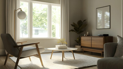 Fototapeta premium Subtle Minimalist Vintage-Inspired Living Room with Mid-Century Modern Accents, Soft Neutral Tones, and Timeless Elegance