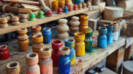 Colorful wooden toy parts in a workshop setting