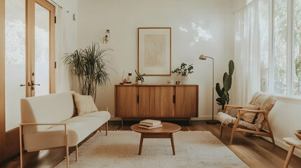 Subtle Minimalist Vintage-Inspired Living Room with Mid-Century Modern Accents, Soft Neutral Tones, and Timeless Elegance