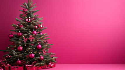 Beautiful fantasy festive Christmas tree with gifts, Christmas card fuchsia background