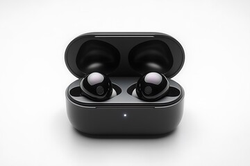 Black wireless earbuds in charging case.