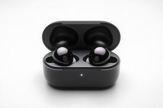 Black wireless earbuds in charging case.