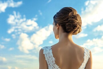 Bride in a white wedding dress gazes at the cloudy sky with hope and love, symbolizing marriage joy and happiness