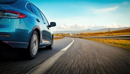 Naklejka premium Rear view of blue Business car on high speed in turn. Blue car rushing along a high-speed