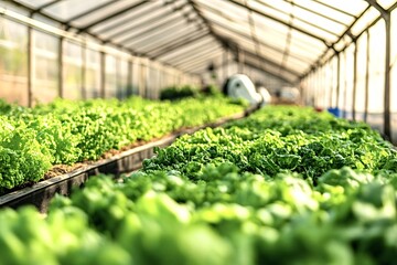 Rows of vibrant green lettuce thrive in a controlled greenhouse environment, utilizing hydroponic cultivation for optimal growth and sustainable agriculture