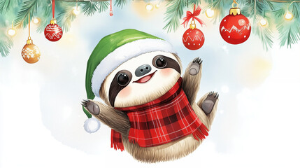 Naklejka premium Cute holiday sloth wearing a green hat and red scarf celebrating Christmas with ornaments