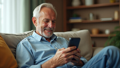 Senior Man Using Smartphone at Home
