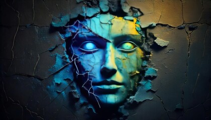 A weathered wall revealing a hidden face among the cracks. Technology and ecology concept.