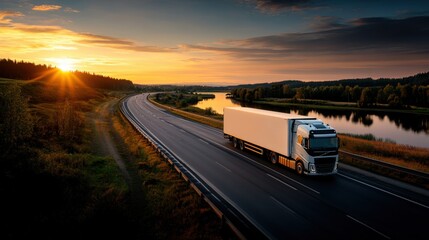 Obraz premium Truck on Highway at Sunset Overlooking Water