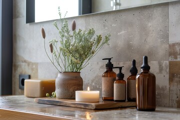 Eco-friendly waste bathroom concept featuring reusable cosmetic bottles, essential oil droppers
