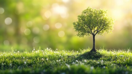 Small tree in sunny green field with bokeh background