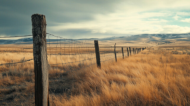 A rustic barbed-wire fence stretches across an open prairie under a cloudy sky.