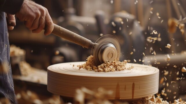 Skilled craftsmanship: woodturning artistry in action with flying shavings