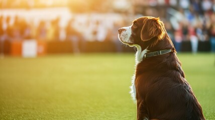 Brown dog sitting on grass during sunset Crowd and fence in background