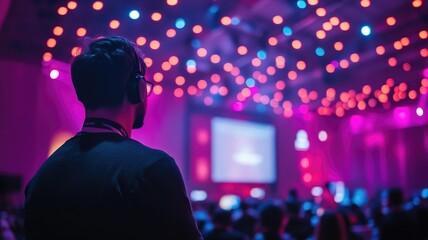 Asian male with headphones at vibrant, neon-lit tech event