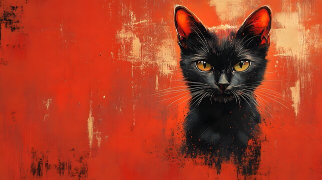 A black cat with sharp, piercing orange eyes stares at the camera. The cat's fur contrasts sharply with the bright, textured red background.