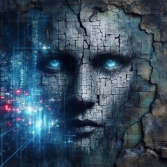 A weathered wall revealing a hidden face among the cracks.Technology, neon light and business growth concept