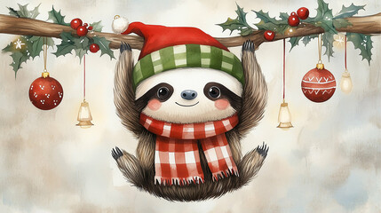 Naklejka premium Sloth hanging on a branch wearing a holiday scarf and hat with Christmas ornaments