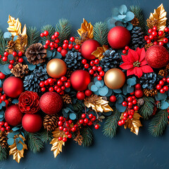 Christmas garland with red and gold baubles, berries, and pinecones.